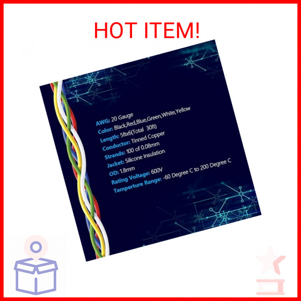 20AWG Stranded Wire Electrical Wire Silicone Cables Hook up Wire Kit 6 Colors 5F