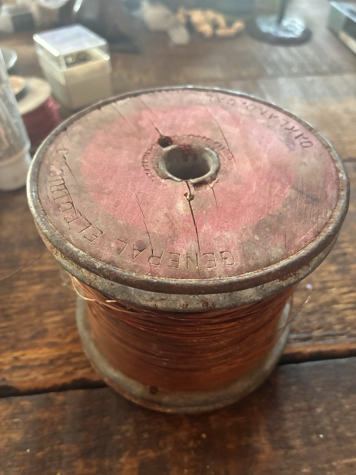 5lb 7oz copper wire on wood + metal spool – General Electric Oakland, Cal
