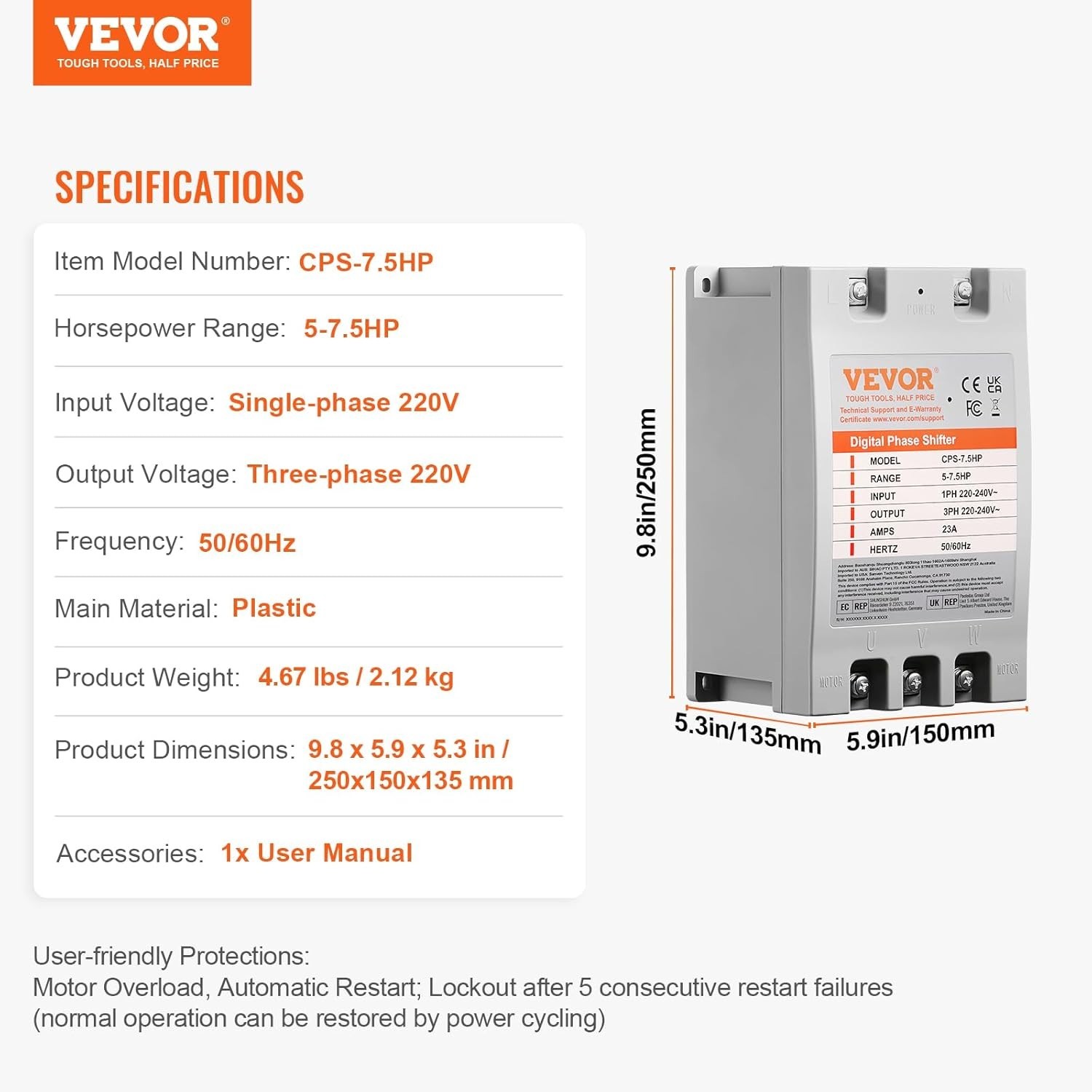 VEVOR 3 Phase Converter – 7.5HP 23A 220V Single Phase to 3 Phase Converter, 220V