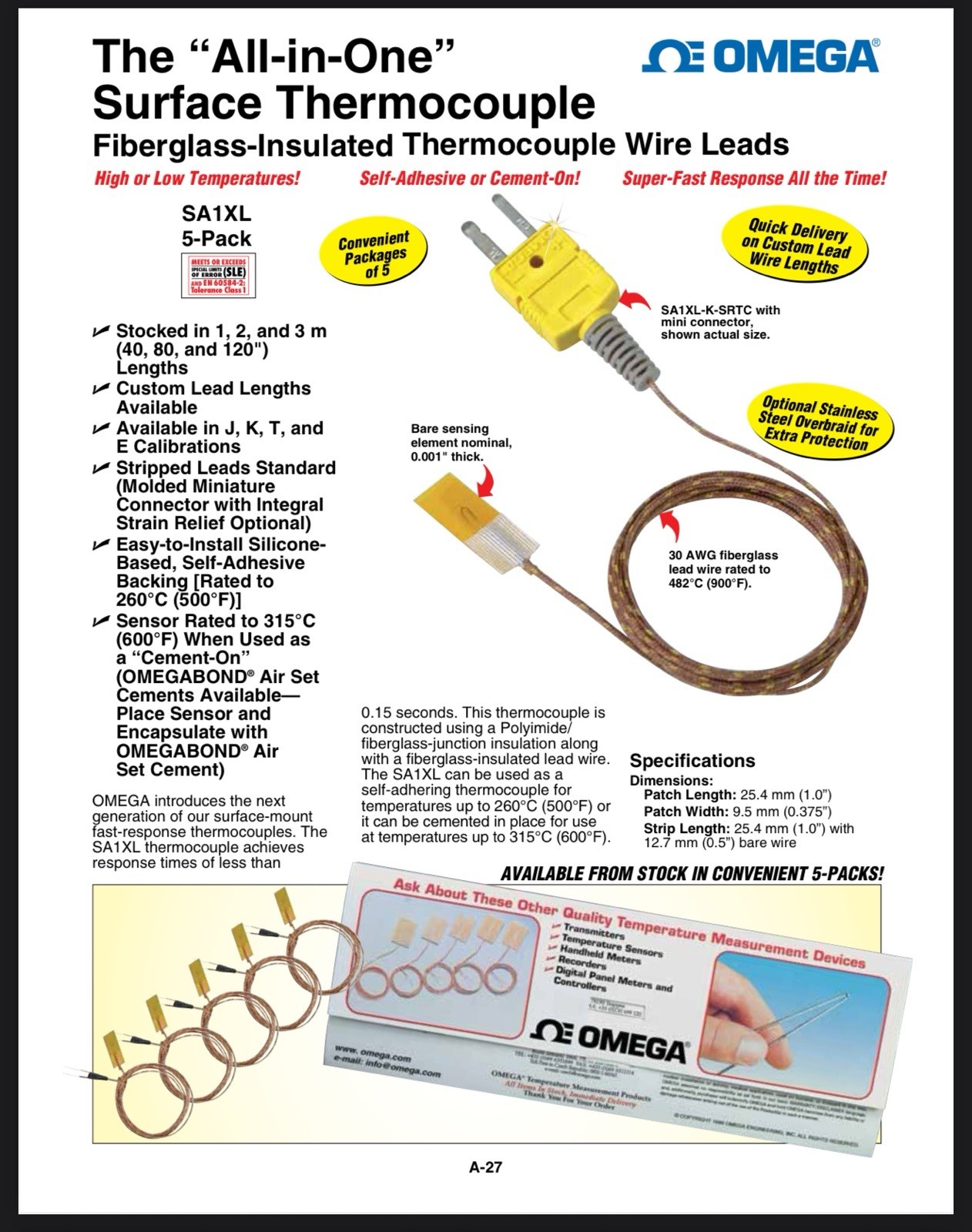 OMEGA Termocouples SA1XL-K-120-SB / SA1XLK120SB SELF AD/CEMENT-ON, TYPE K, 5PK
