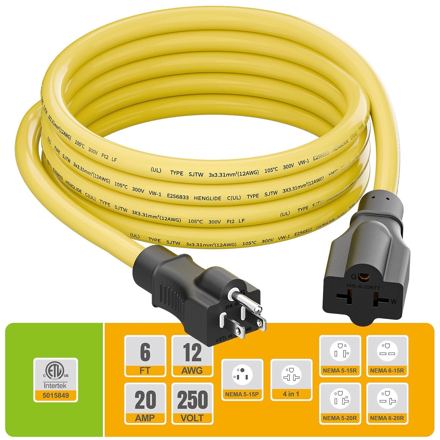 [6-Feet] 12AWG 15 Amp Household AC Plug to 20 Amp T Blade Adapter Cable, 5-15…