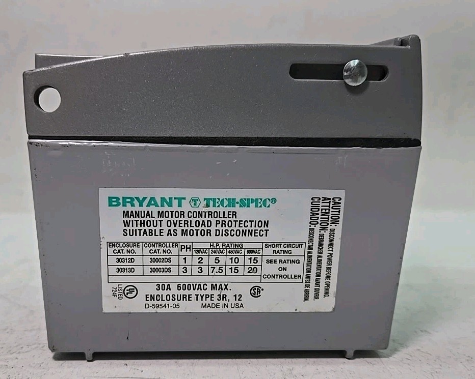 BRYANT 30003DS 30A 600V 3P DISCONNECT SWITCH & 30313D Enclosure Box
