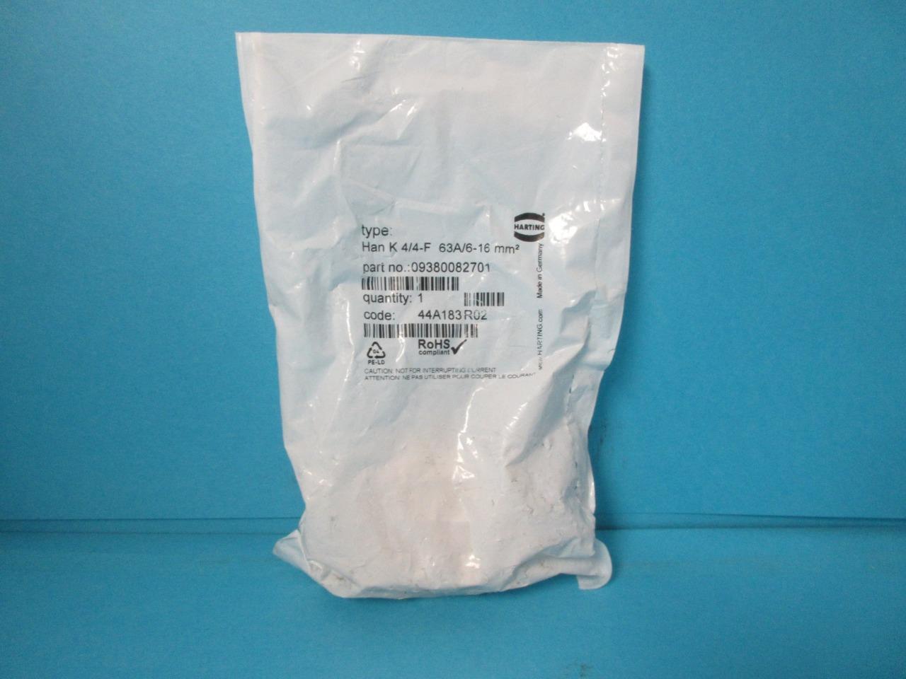 NEW HARTING 09380082701 TYPE HAN K 4/4-F 63A/6-16 MM2 FINGER PROT CONNECTOR NIP