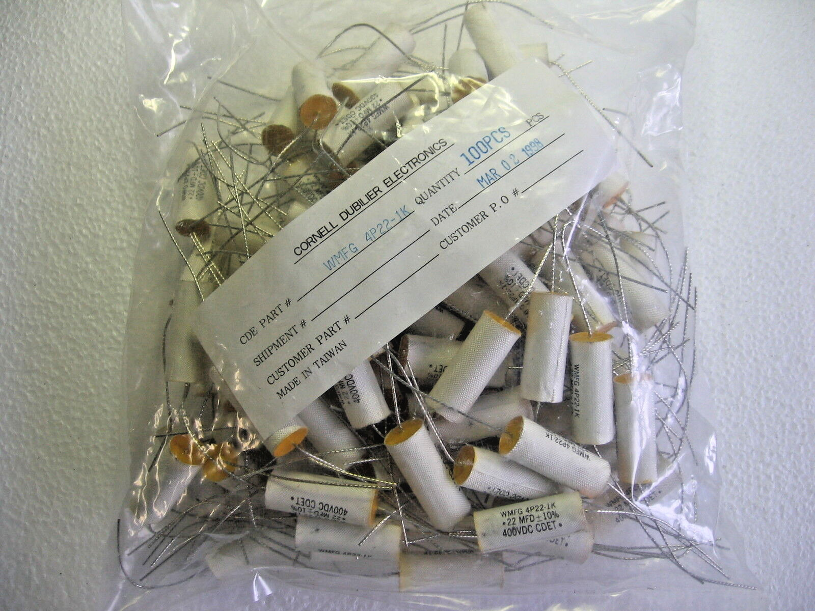 6) Cornell Dubilier WMFG 4P22-1K Axial Polyester Film Capacitors .22uF 400vdc