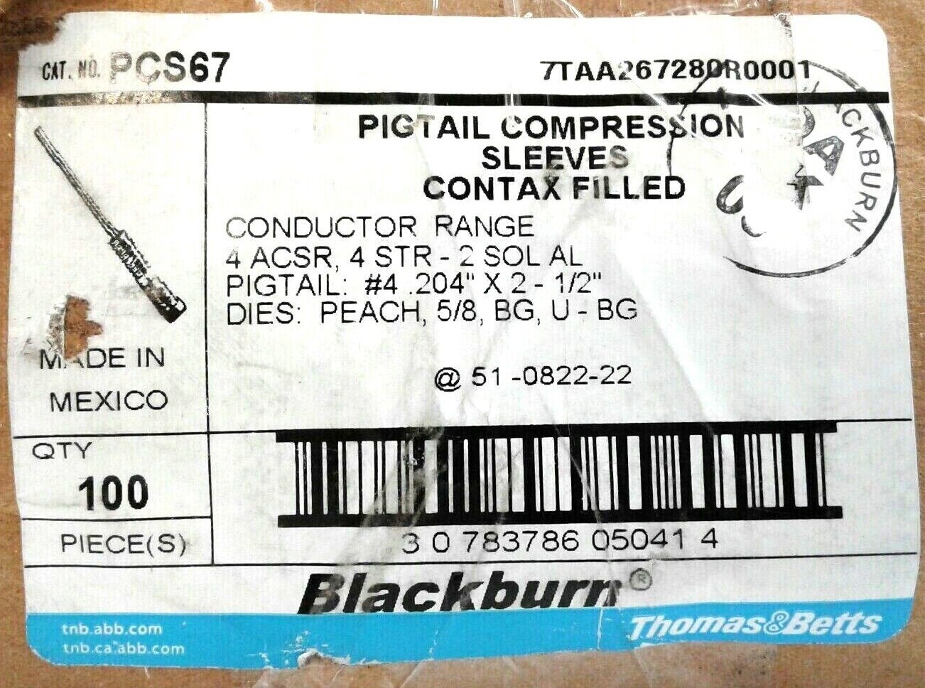 Thomas&Betts Blackburn Pigtail Compression Sleeves Contax Filled PCS67 Qty 100