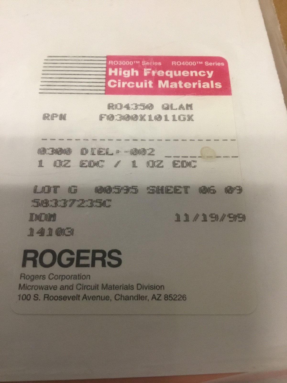 Lot of 2 NEW Rogers QLAM High Frequency Circuit Material Sheets 12×9″ RF PCB