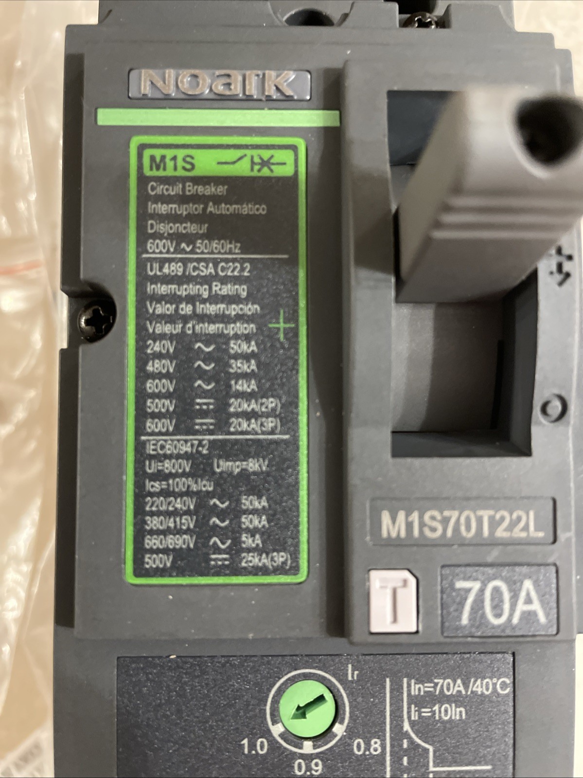 Noark M1S70T22L – 1102286 – UL489 – M1 frame – 2P2d – 70A rated – 600Vac