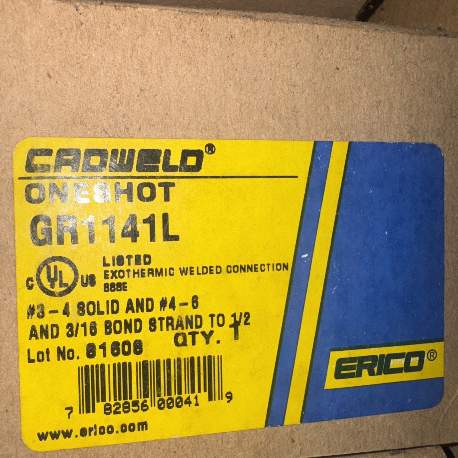 (1) Erico Cadweld One Shot GR1141L #3-4 Solid And #4-6 And 3/16 Bond Strand 1/2