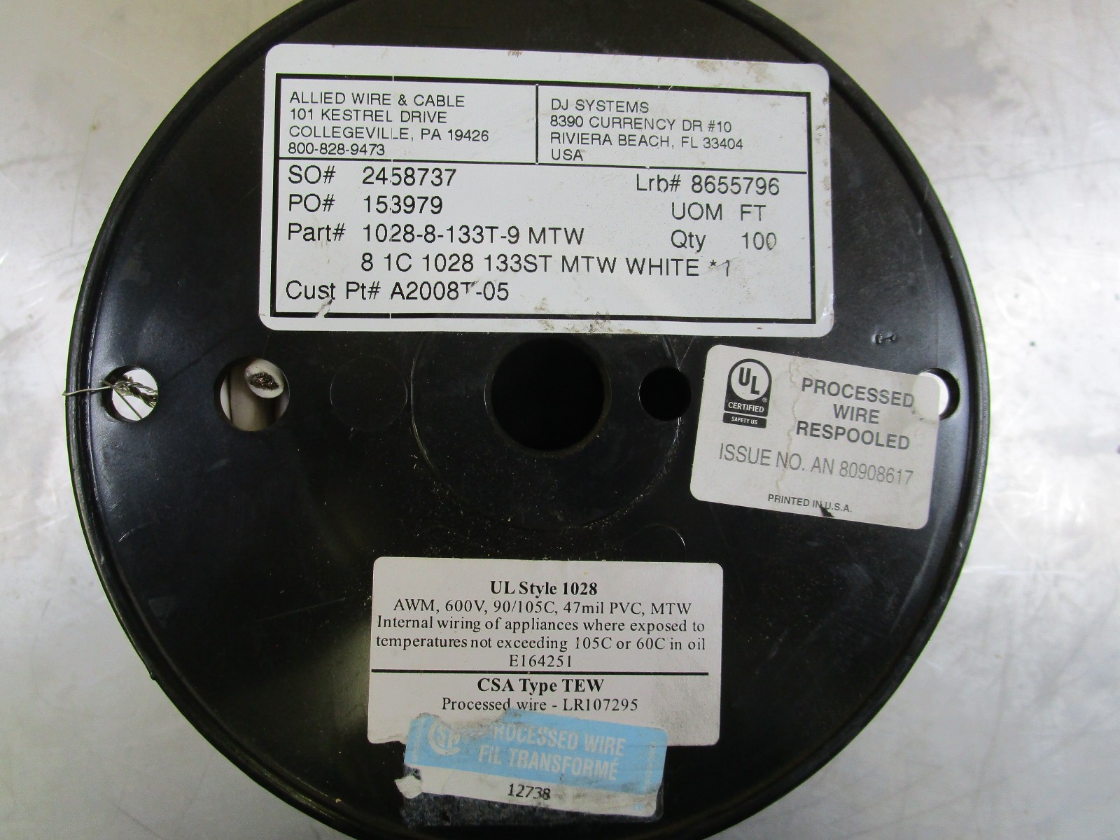 New 100 feet of white 8 AWG Allied Wire & Cable (part 1028-8-133T-9)