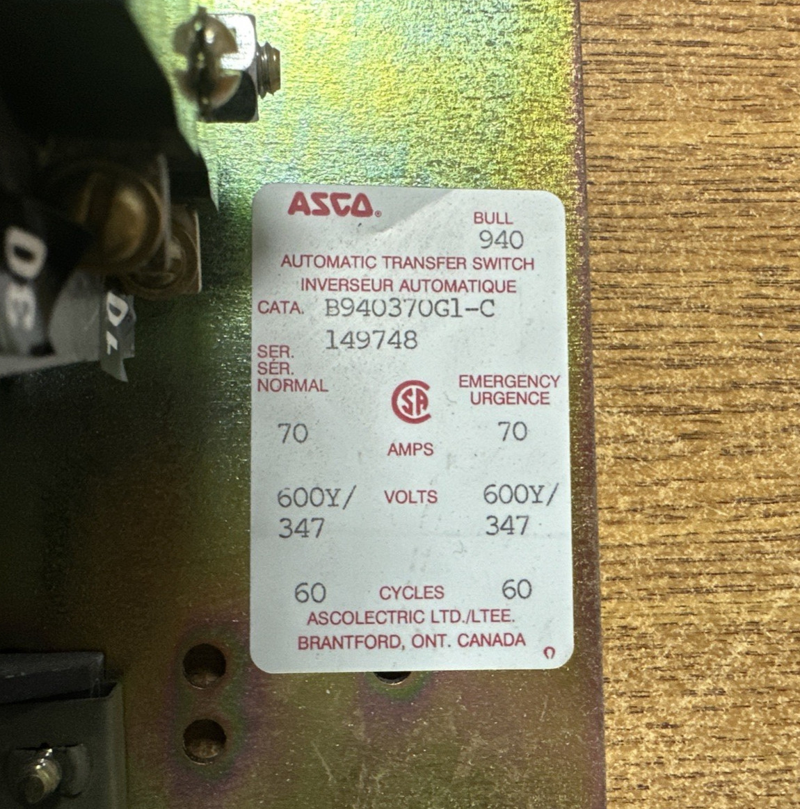 ASCO B940370G1-C AUTOMATIC TRANSFER SWITCH 70A 600Y/347V **USED GUARANTEED**