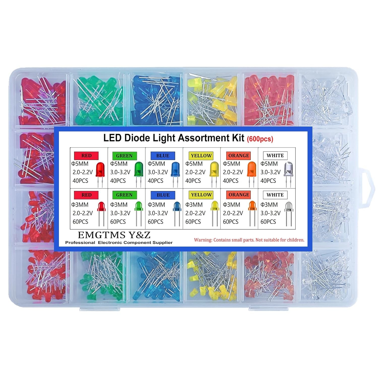 600Pcs 3mm 5mm LED Assortment Kit 6 Colors White Red Blue Green Yellow