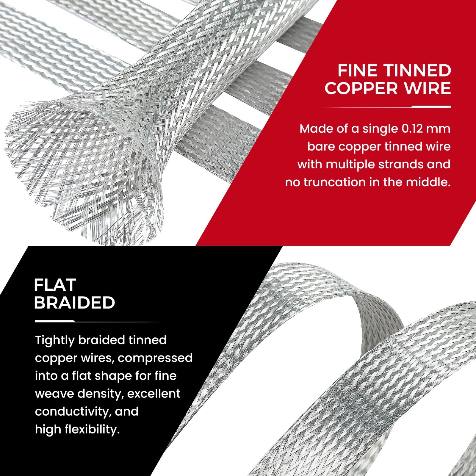 Tinned Copper Grounding Braid Straps – 15ft Shielding Wire, 1/2″ Wide, 0.32″ ID