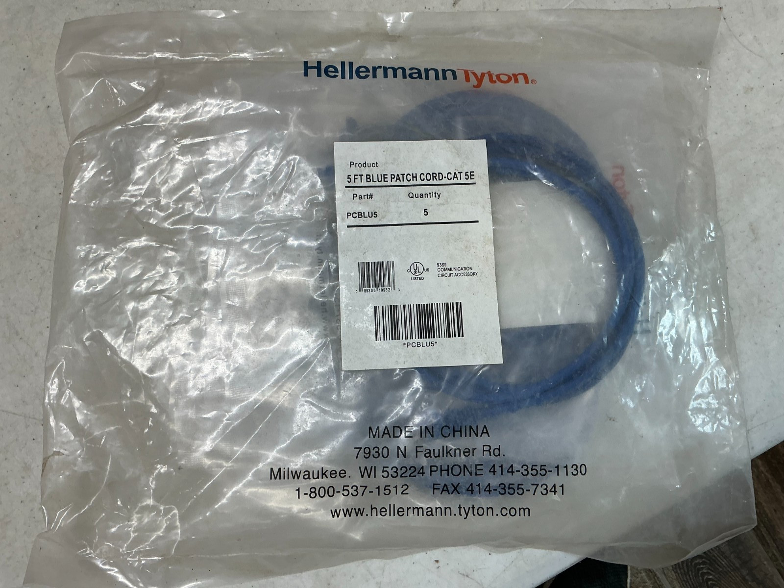 *FREE SHIPPING* Hellermann Tytion PCBLU5 Blue Patch Cord 5ft Cat 5E (5pcs.) -NEW