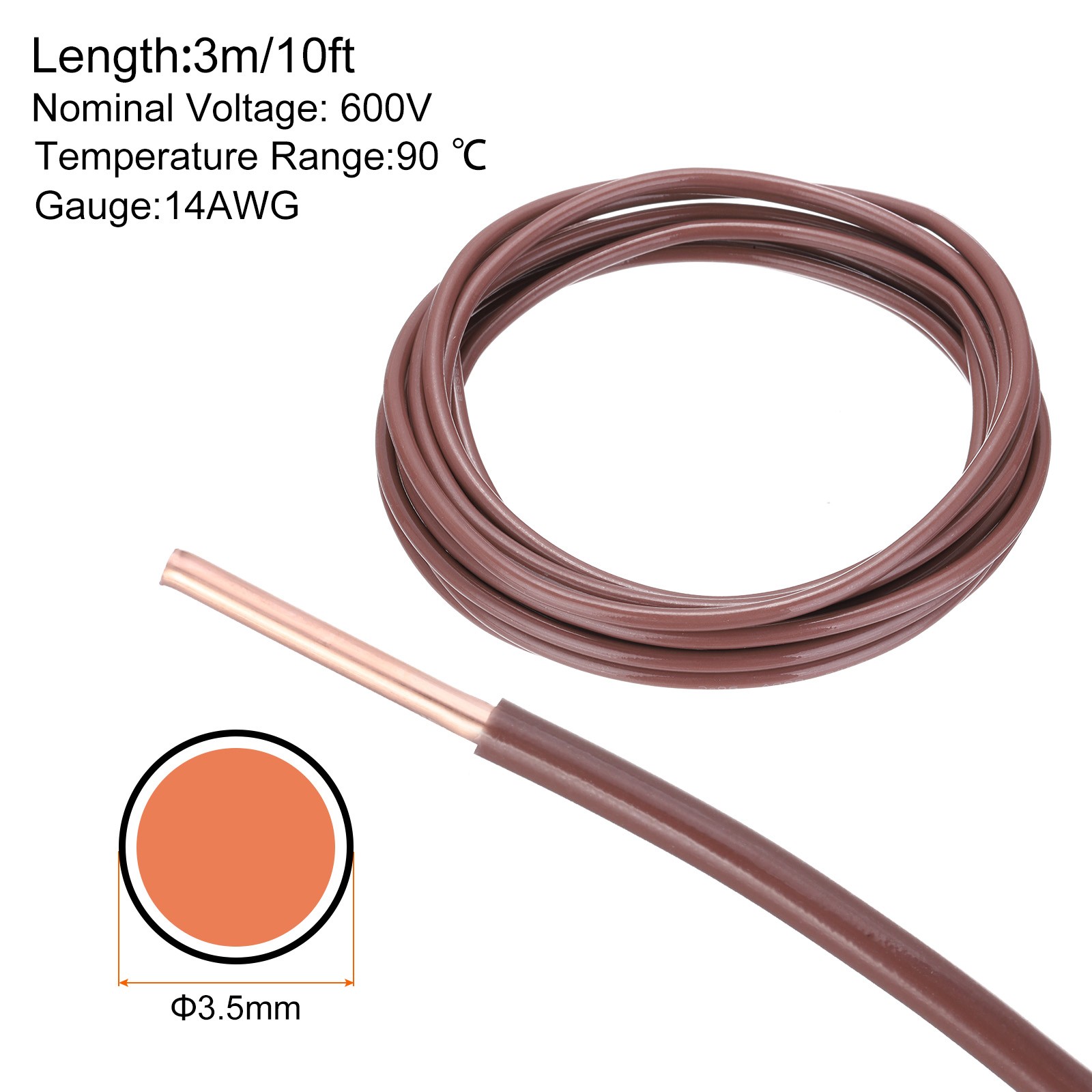 10 Feet Electrical Wire Insulated Solid Copper 14 AWG Hook Up Wire Cable,Brown