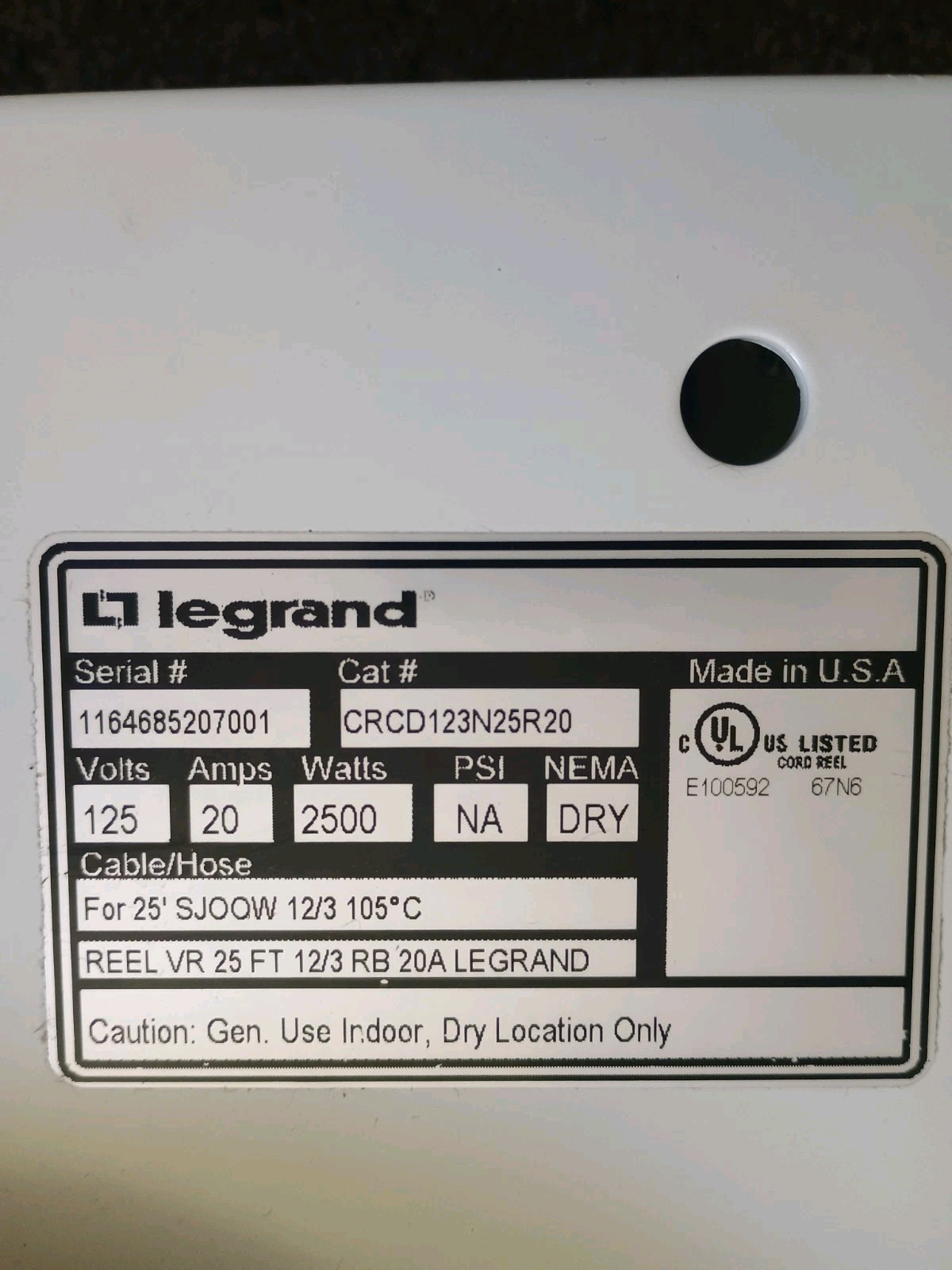 Legrand CRCD123N25R20 1000 Series Cable Reel With Quad RB 20 AMP 12 AWG 25ft