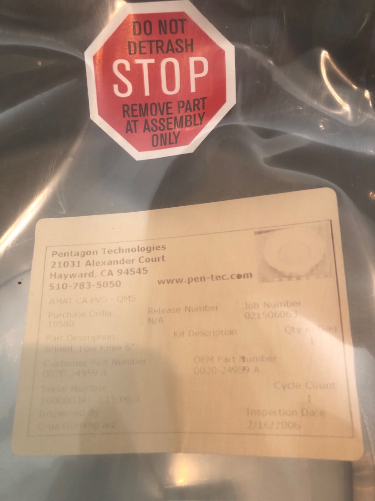 AMAT 0020-24959 Shield, Low Knee 6″ Applied Materials