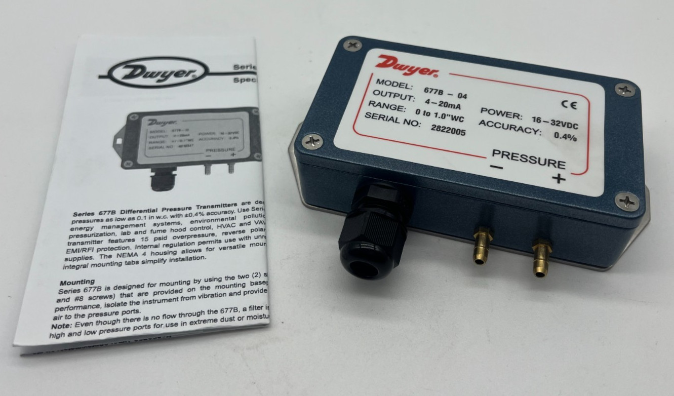 Dwyer 677B-04, Differential pressure transmitter, range 0-1″ w.c.,New in box