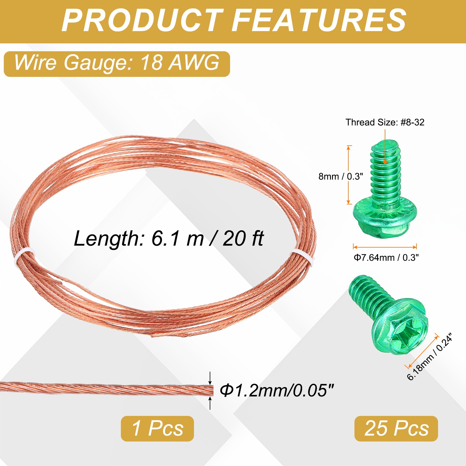 18 Gauge 20ft Bare Copper Ground Wire with 25Pcs #8-32 x 5/16″ Green Screws