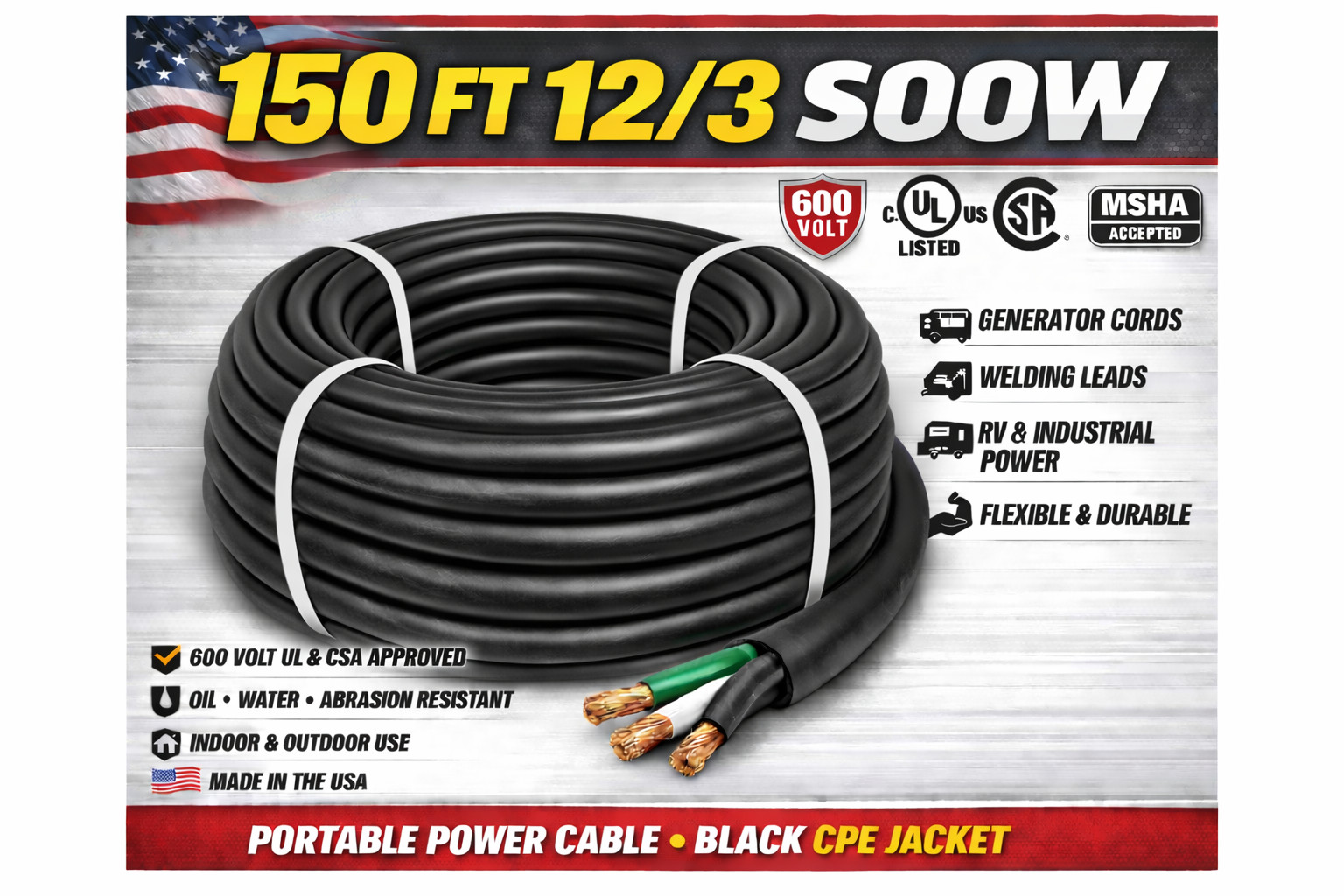 12/3 SOOW Portable Cord 150FT 600V UL CSA Black Flexible Cable USA Made