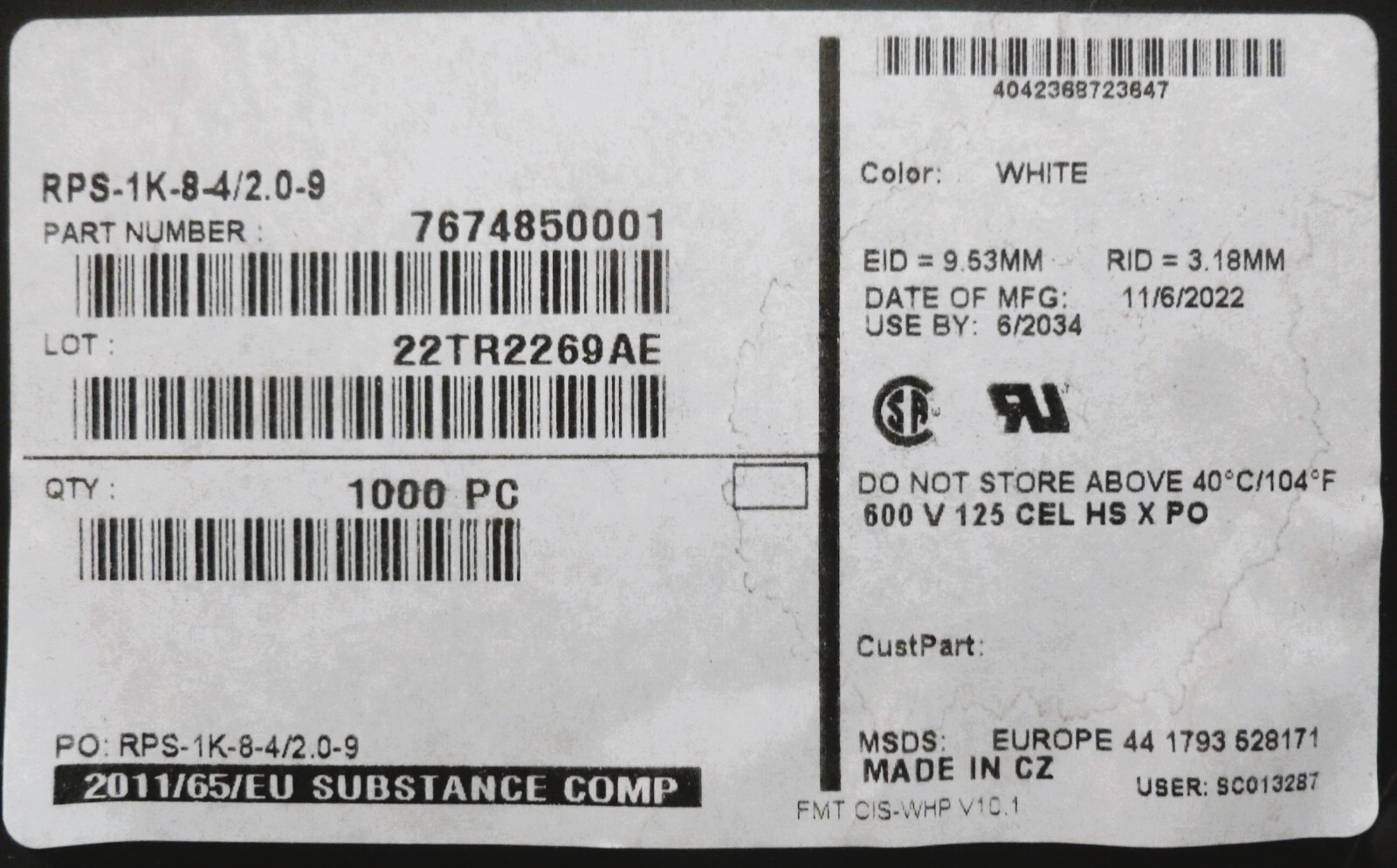 TE RAYCHEM-Heat Shrink Wire Marker RPS-1K-8-4/2.0-9 Printable Tubing Rolls