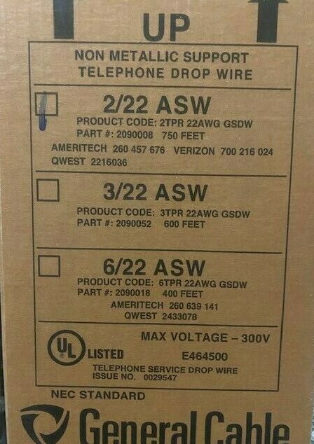 General Cable 2090008 Glass Supported Drop Wire, 22 AWG, Black 750 feet (NEW)