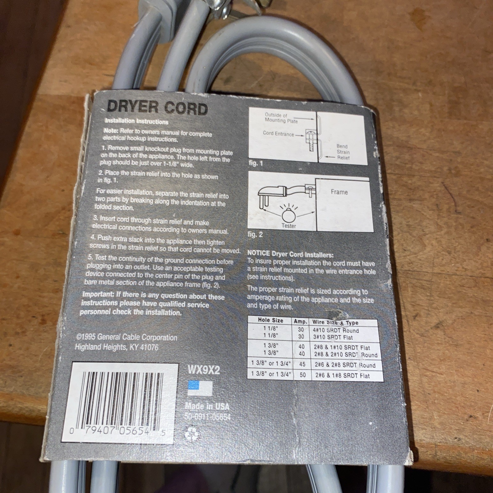 CAROL GENERAL CABLE DRYER CORD 4 FOOT 30 AMP; 3 CONDUCTOR GROUNDED NEW