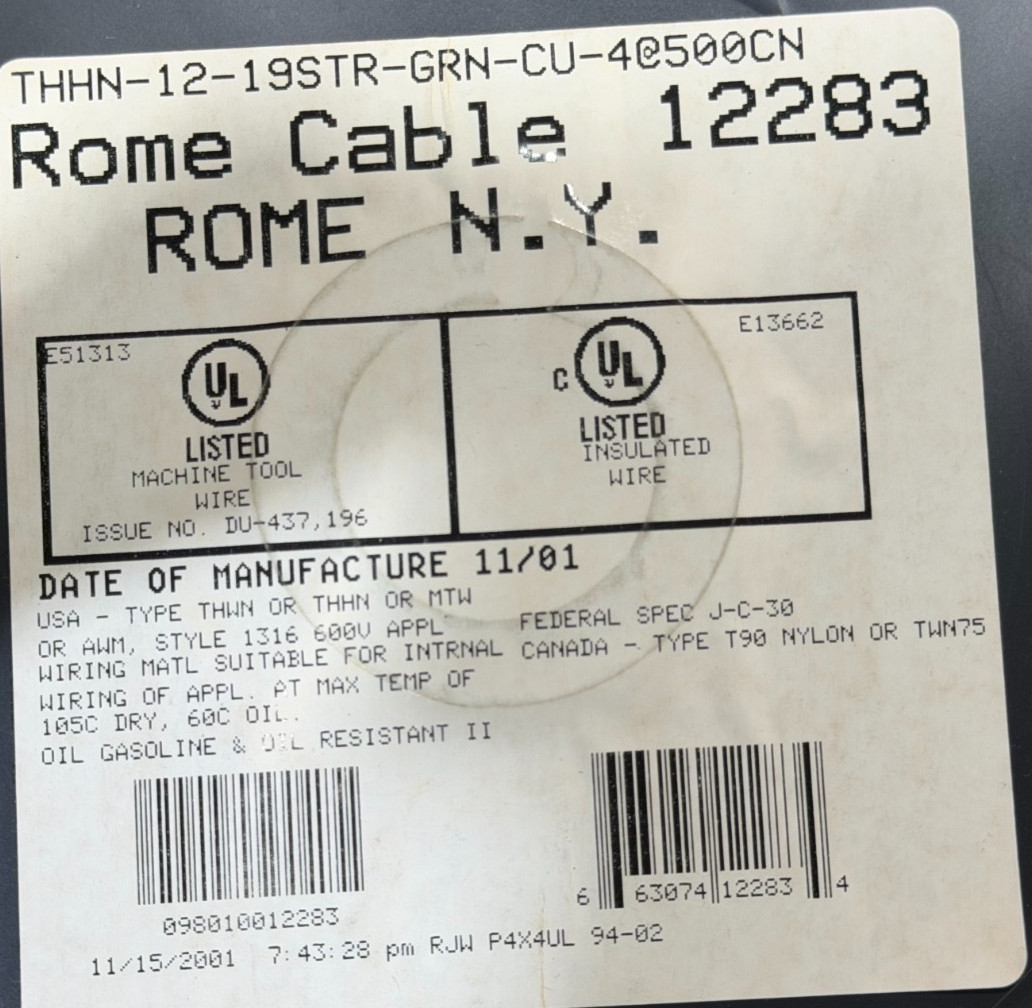 SINGLE ROME CABLE CORP 500 FT 12AWG STR THHN/THWN/MTW GRN (AEH1.5)