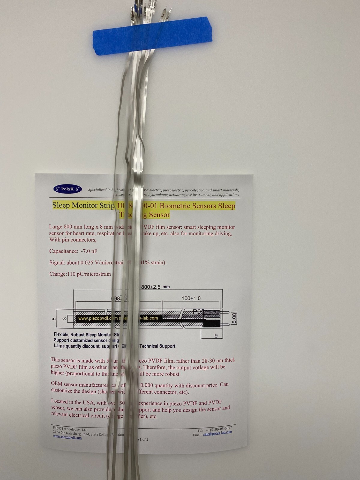 USA Sleep Monitor Tracking Strip Biometric Sensor Piezo PVDF 800 mm x 8 mm OEM