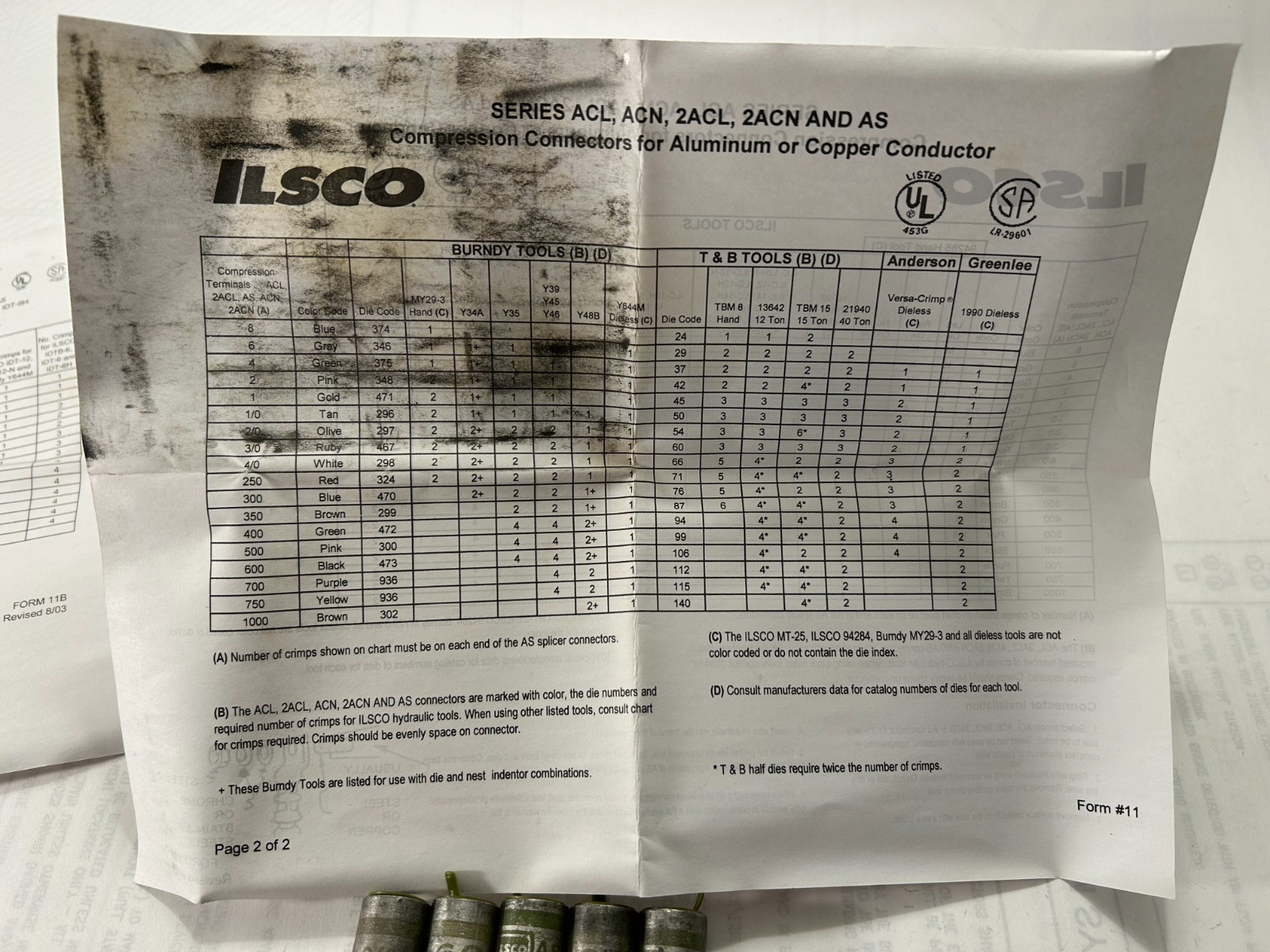 LOT OF 6 Ilsco AS-2/0 2/0 AWG Aluminum Compression Sleeves DIE NO. 10 Olive