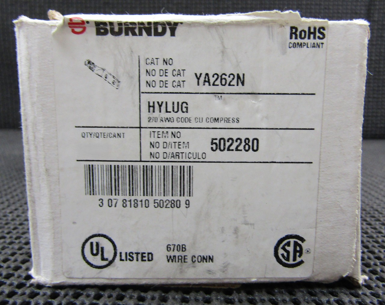 BURNDY YA262N 2/0AWG 2-HOLE LONG-BARREL COMPRESSION LUG – LOT OF 5 / NEW NO BOX