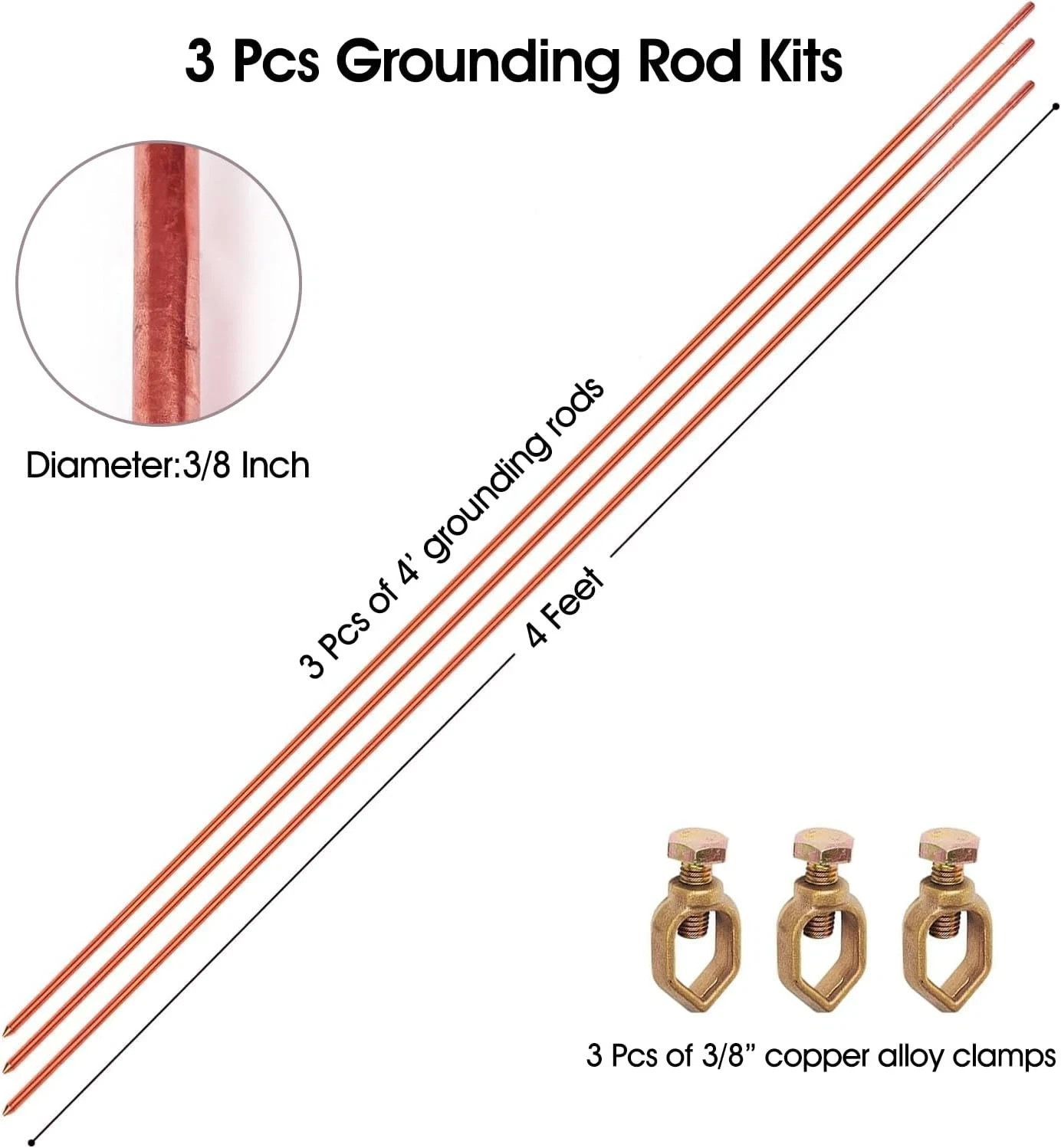 4FT Electrical Grounding Copper Ground Rod Earthing bar for Electric Fences Sate