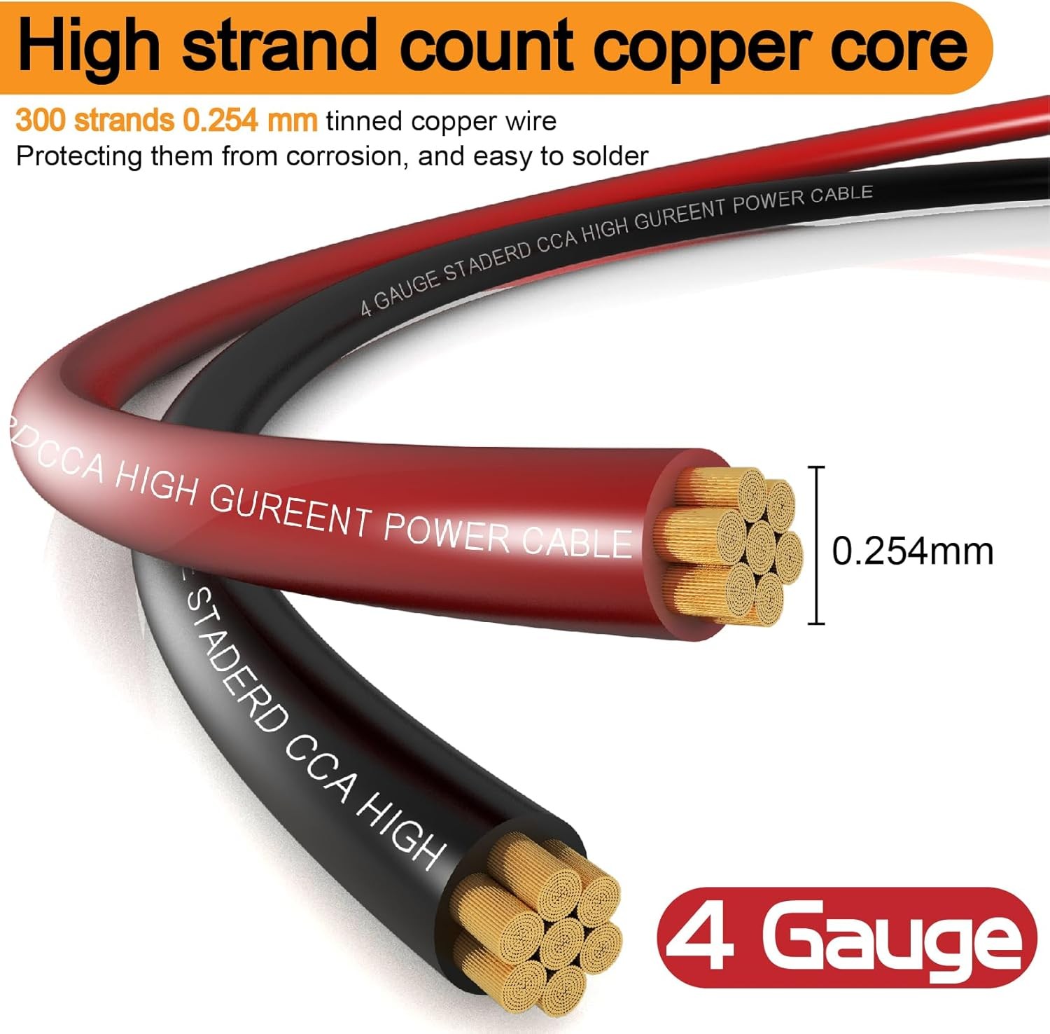 4 Gauge Wire (25ft Each- Black/Red) Copper Clad 50FT Wire, Black, Red