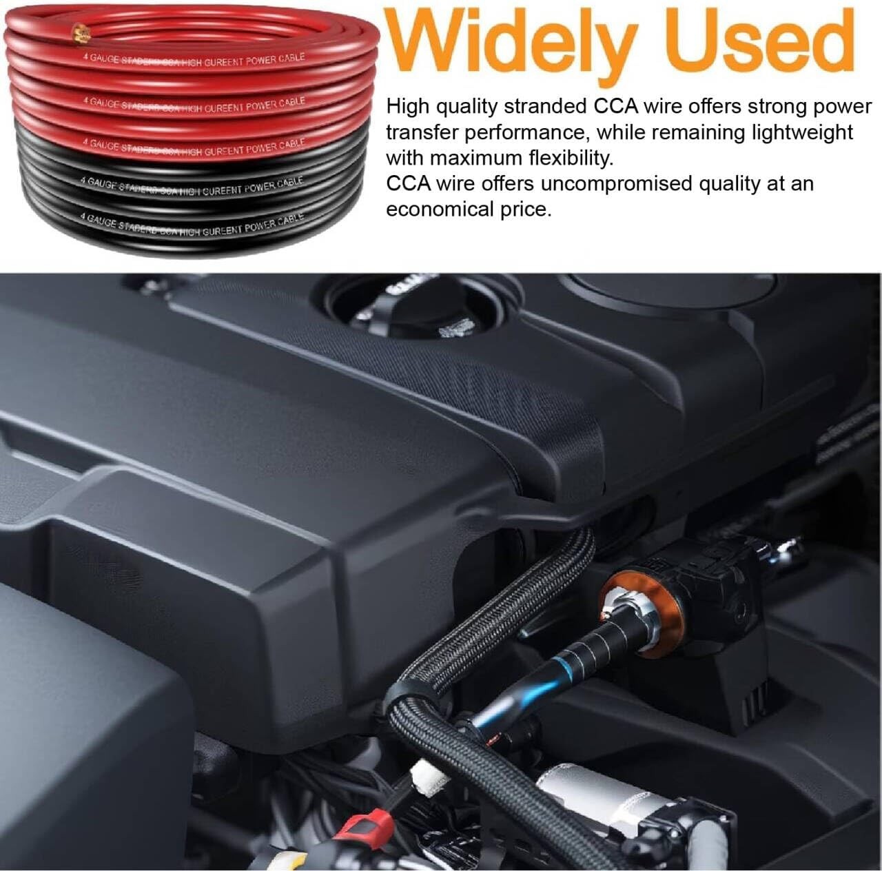 4 Gauge Wire (25ft Each- Black/Red) Copper Clad 50FT Wire, Black, Red