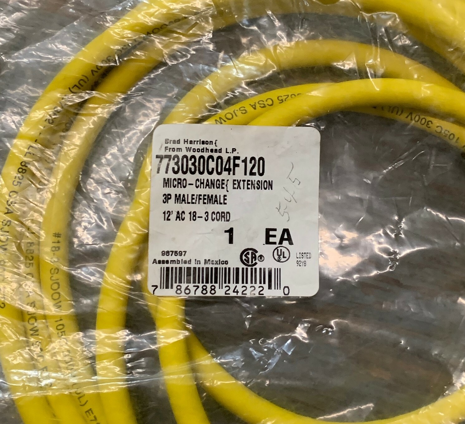 BRAD HARRISON WOODHEAD 773030C04F120 MICRO-CHANGE 3P MALE/FEMALE 12′ CABLE NEW