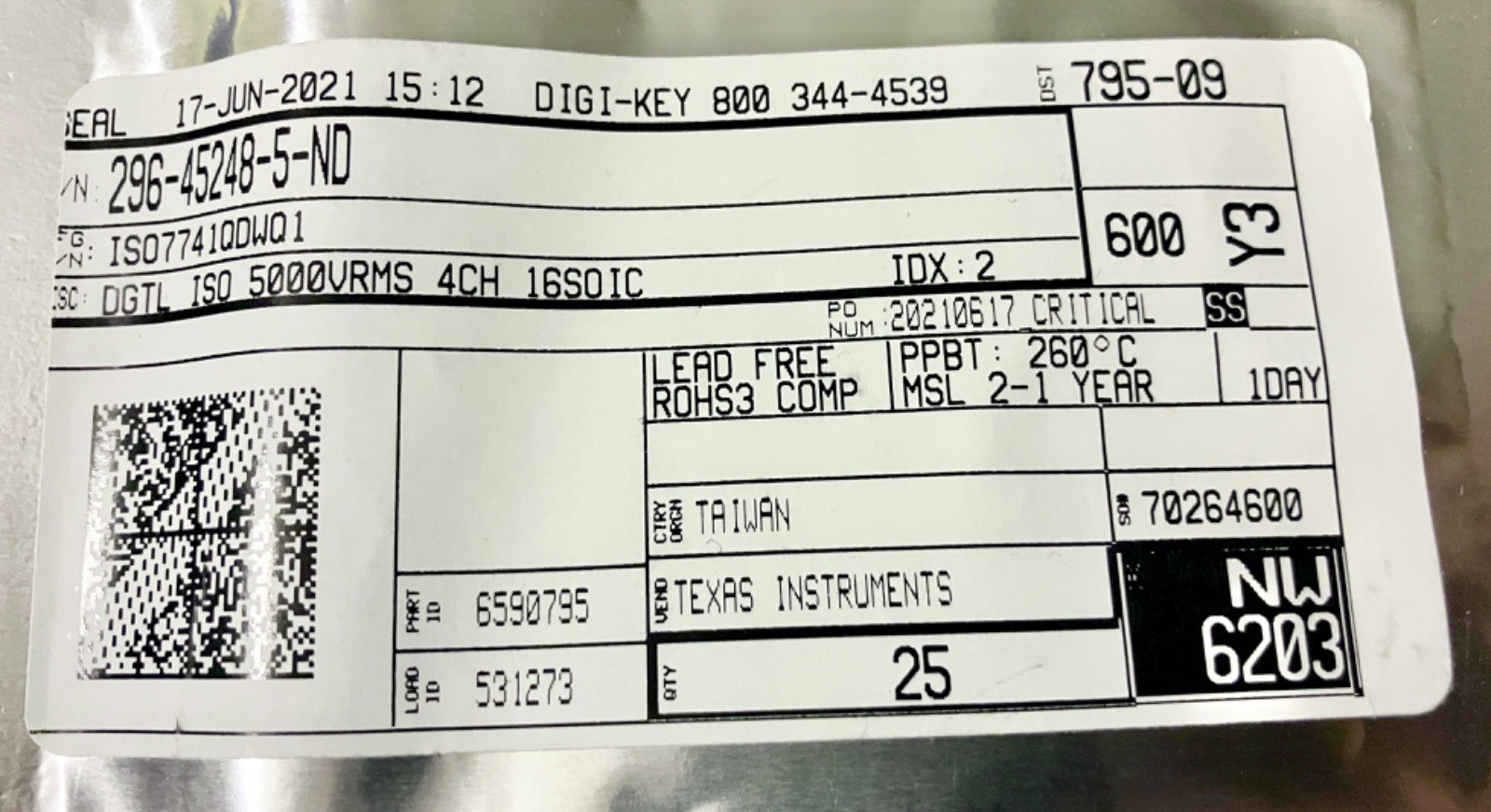 Lot of 25 – Texas Instruments ISO7741QDWQ1 General Purpose Digital Isolator