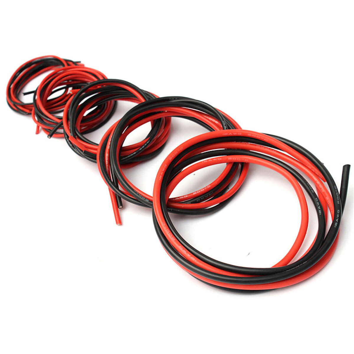 12AWG silicone jacketed copper power wire fine strand red / black 20 ft. rolls