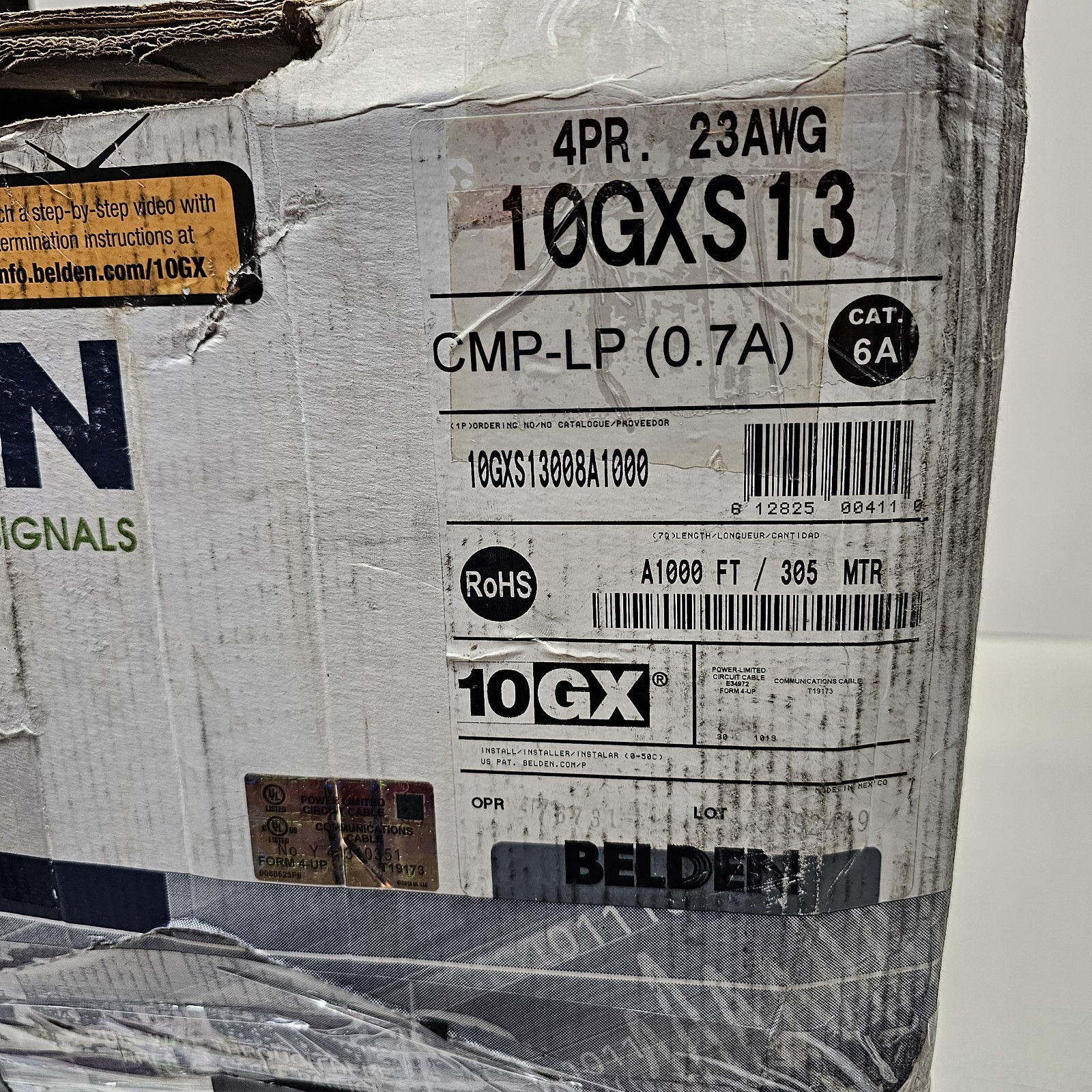 BELDEN 10GXS13008A1000, 1000ft, CAT. 6A, CMP-LP(0.7A). Damaged Box!