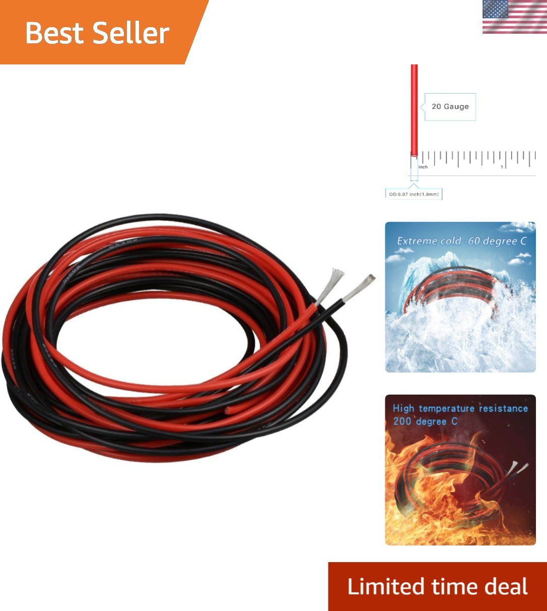 20 Gauge Silicone Wire red and Black Each 10ft Flexible 20 AWG Stranded Tinne…