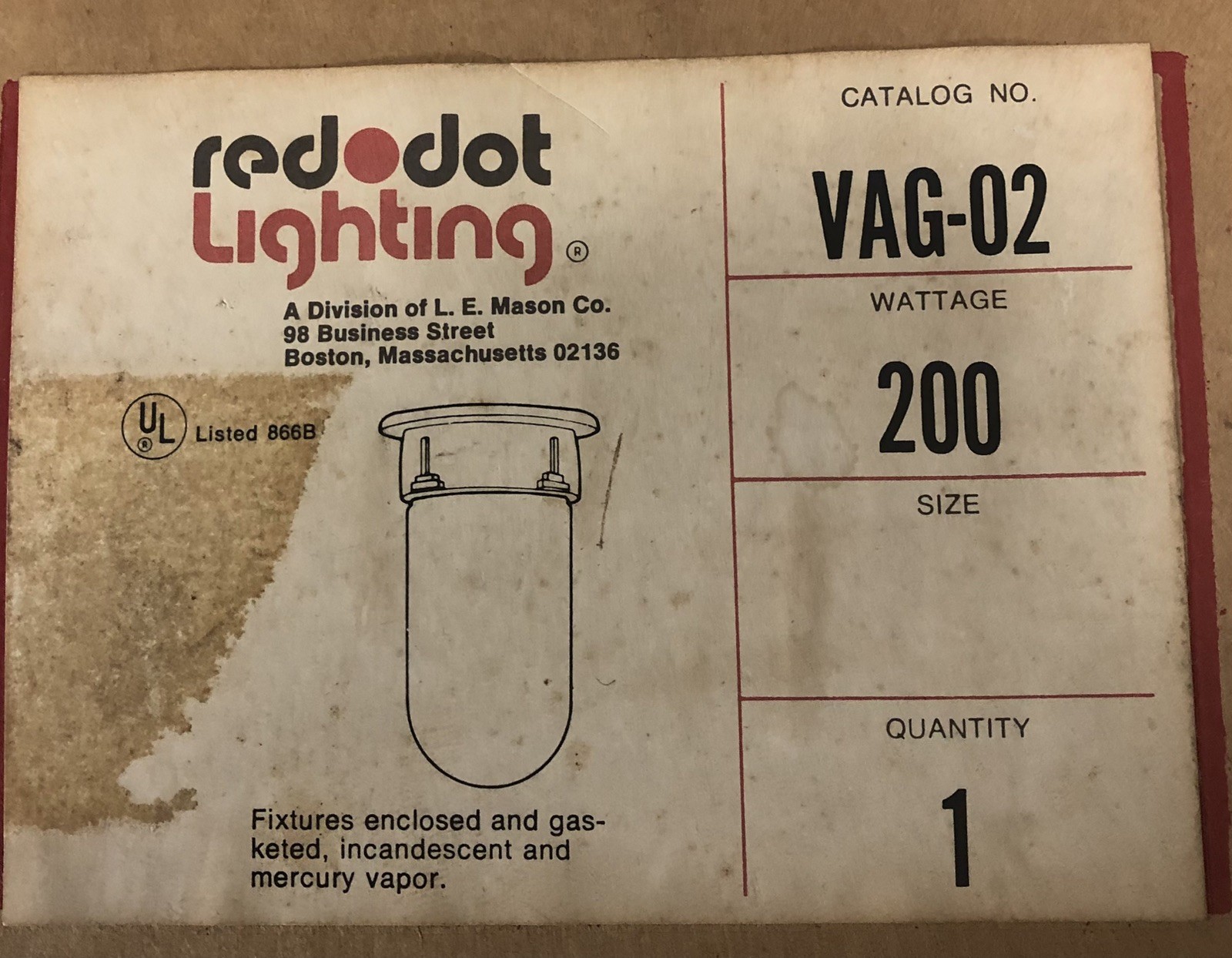 Red Dot VAG-02, 200 W, Ceiling Mount, Incandescent Vapor Tight Fixture