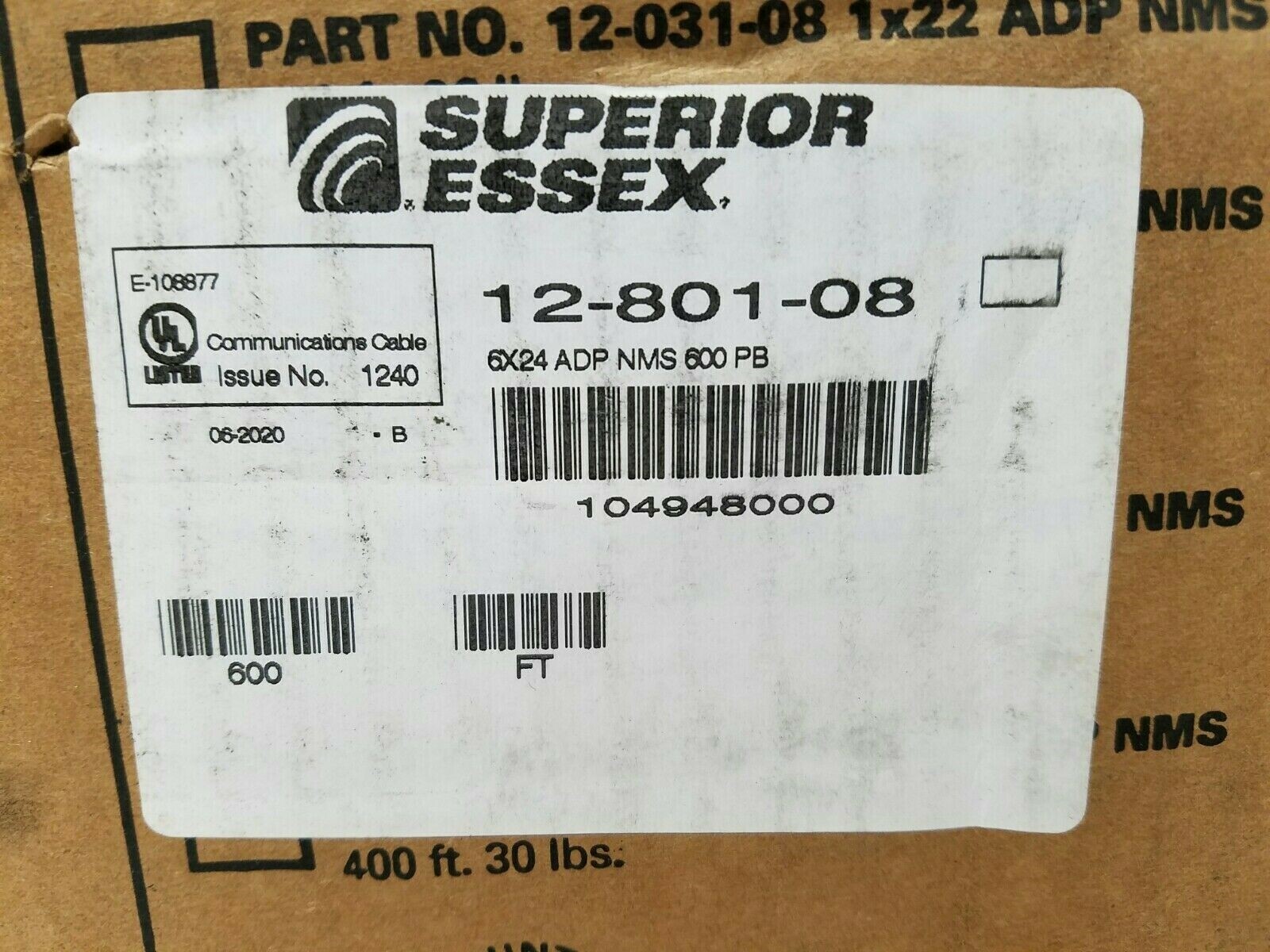Superior Essex 12-801-08 600 ft Outdoor Data Cable Aerial 24 AWG Damaged Box