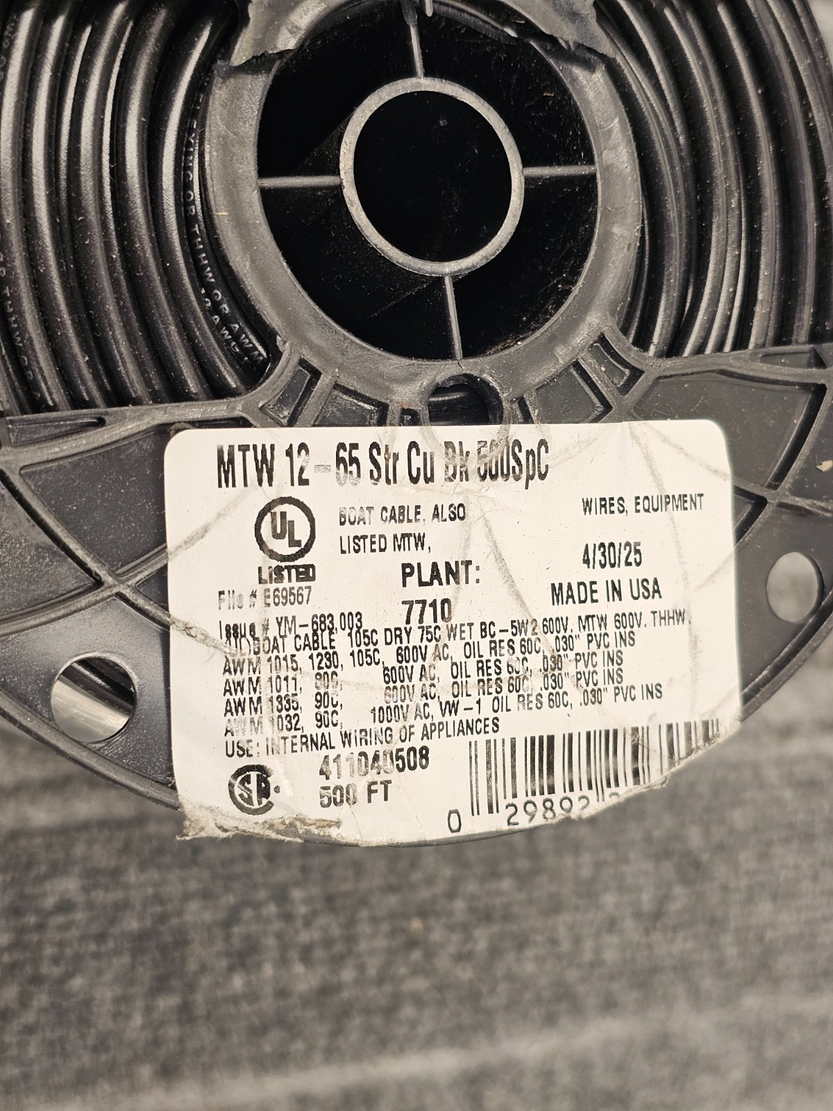 Machine Tool Wire 411040508 12 AWG Conductor Size, Black, 500ft 600 Volt