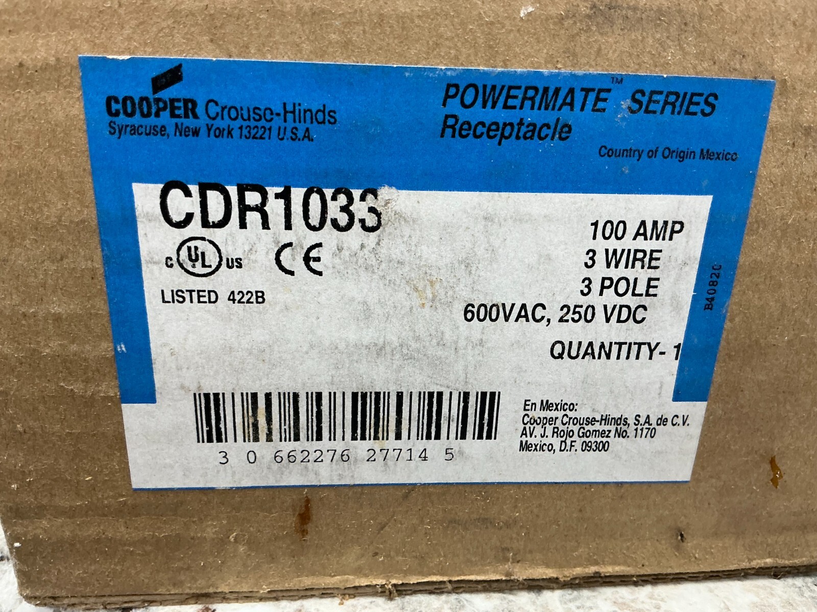 *FREE SHIPPING* CROUSE HINDS CDR1033 100Amp, 3W, 3P, 600V Powermate Receptacle