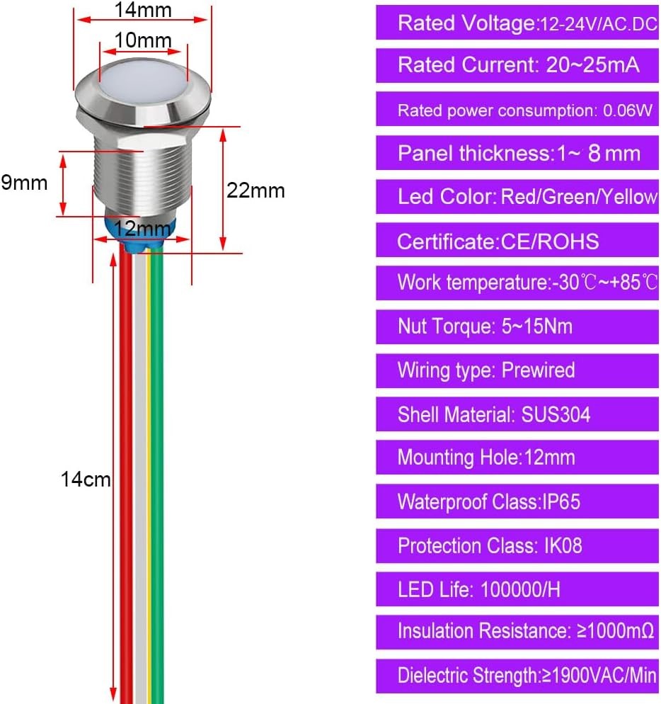 Tri Color Green Red Yellow 12mm 1/2 Inch Energy Saving LED Indicator Light 12V