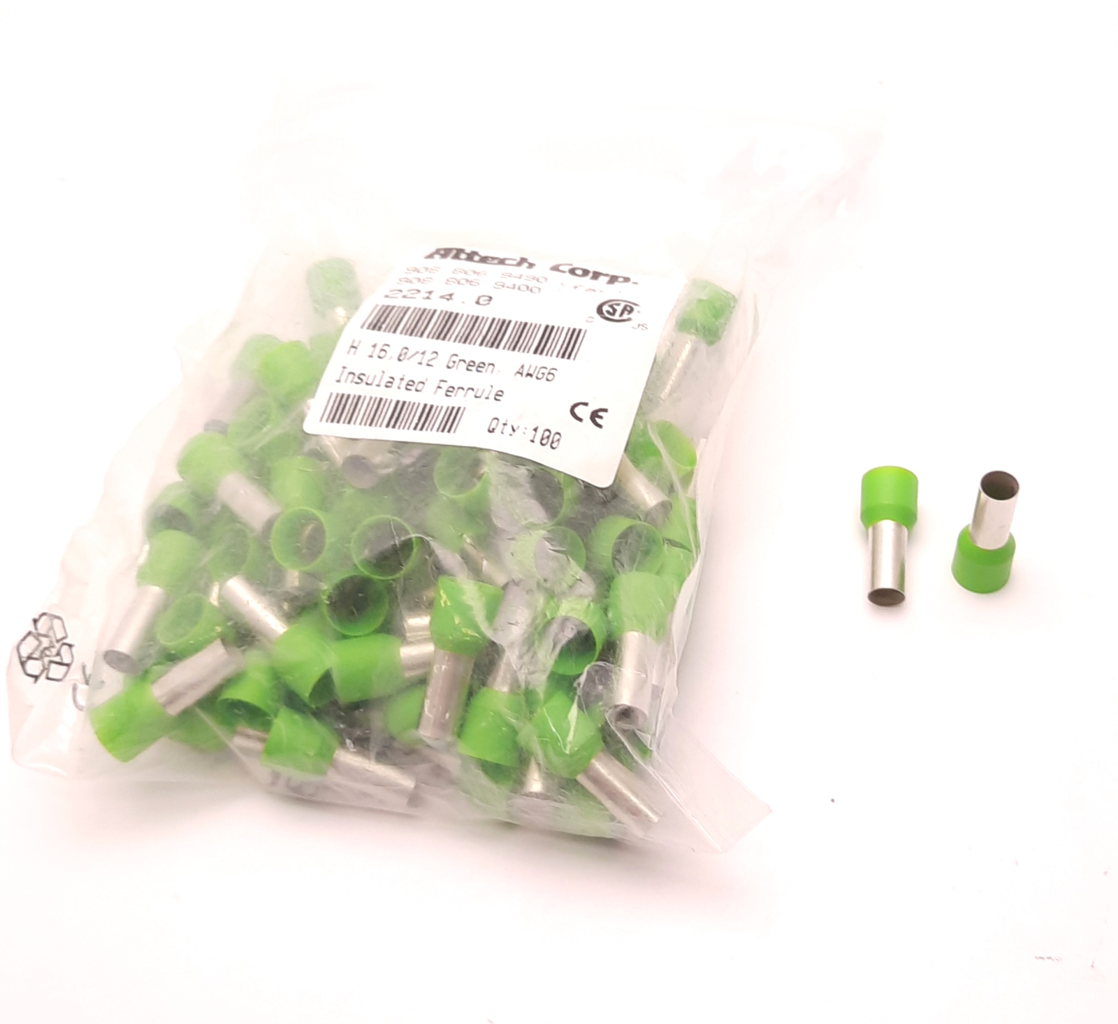 Lot of 100 Altech Corp 2214.0 Green Insulated Ferrule, AWG 6, 0.47″ Length