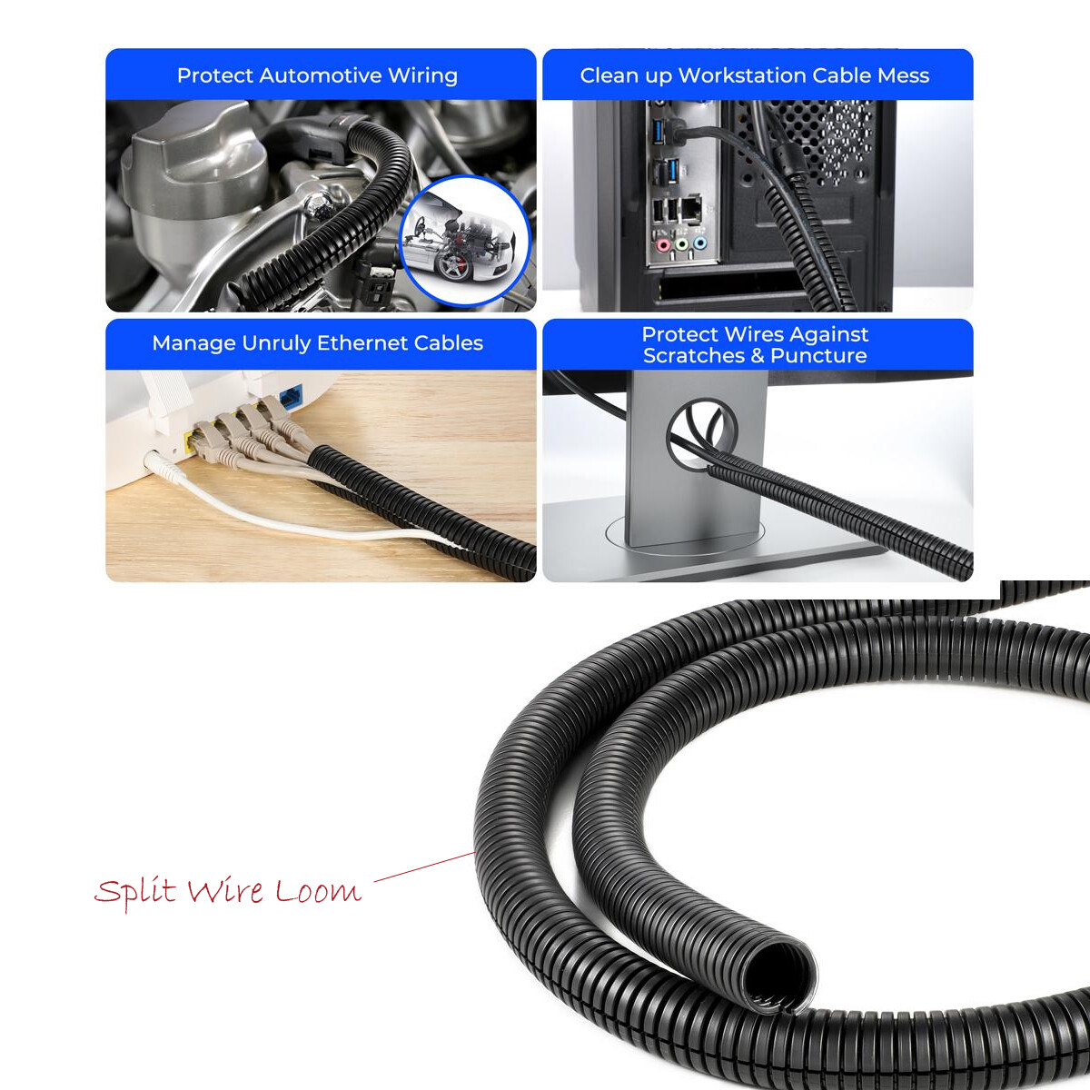 Corrugated Split Wire Loom Conduit Tubing Cable Management Sleeve Organize Lot