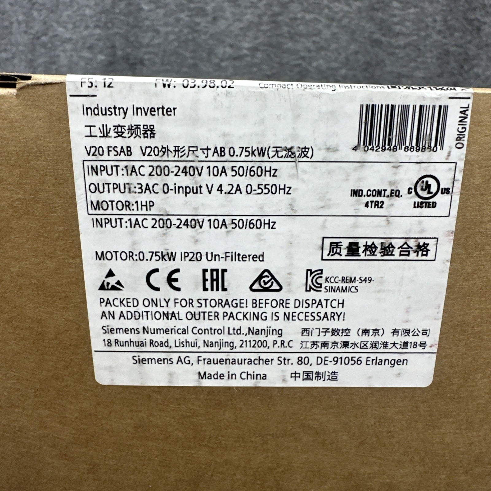 Siemens 6SL3210-5BB17-5UV1 Sinamics V20 1 Phase 200/240V 47-63HZ Indus Converter