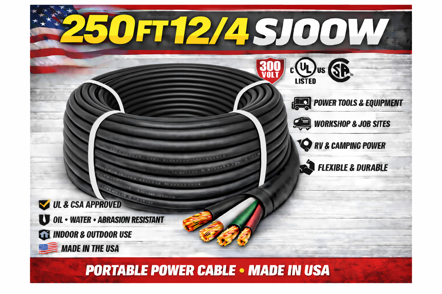 250FT 12/4 SJOOW Portable Cord UL CSA Made in USA Flexible Power Cable