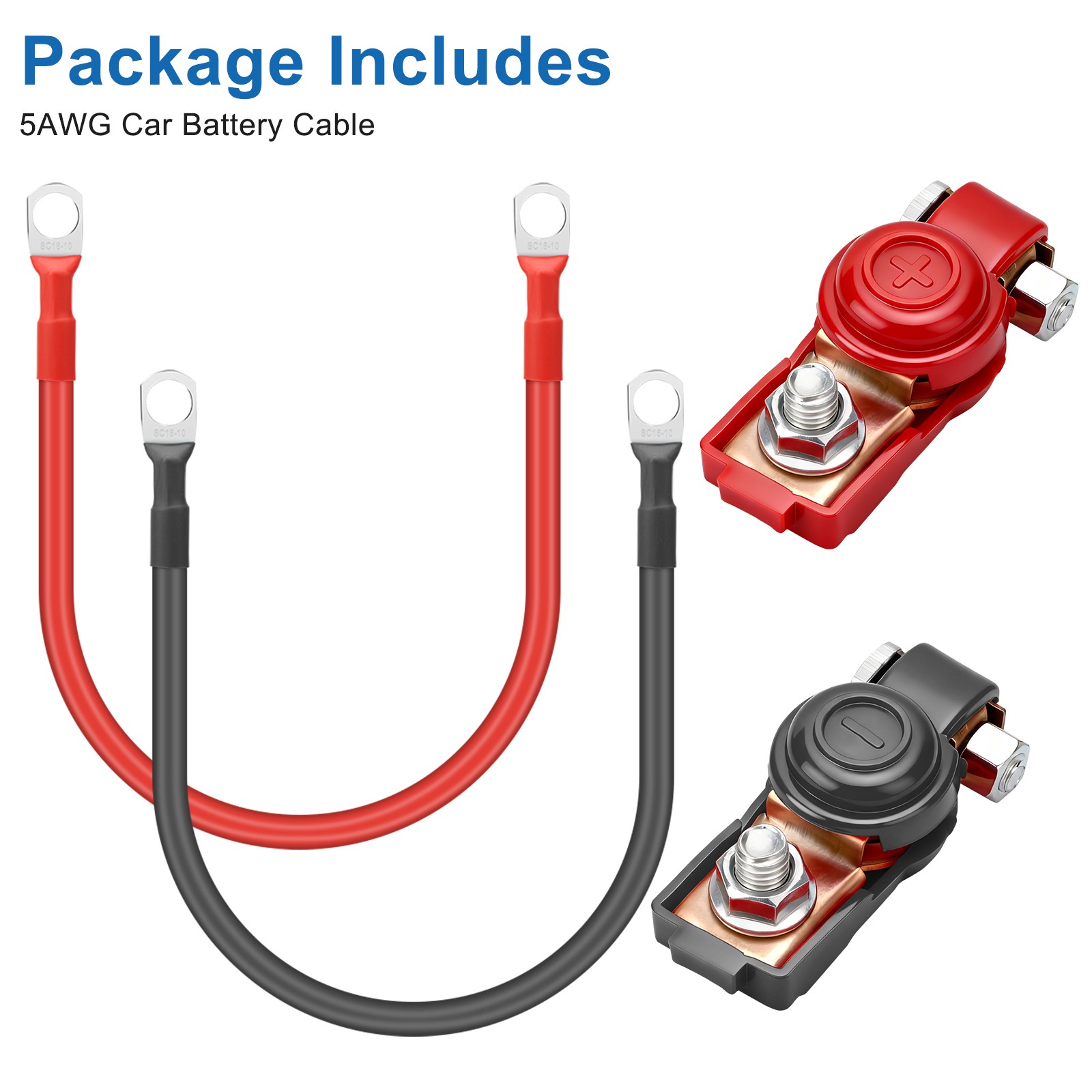 12V Battery Cable Kit 30cm 5AWG Gauge M10 Copper Wire w/ Switch for Car Boat RV