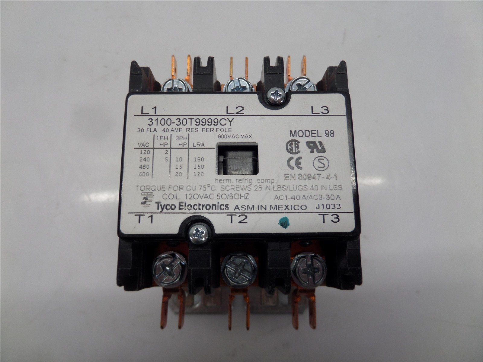 Tyco Electronics 3100-30T9999CY Model 98 Contactor Coil 24 VAC 50/60Hz