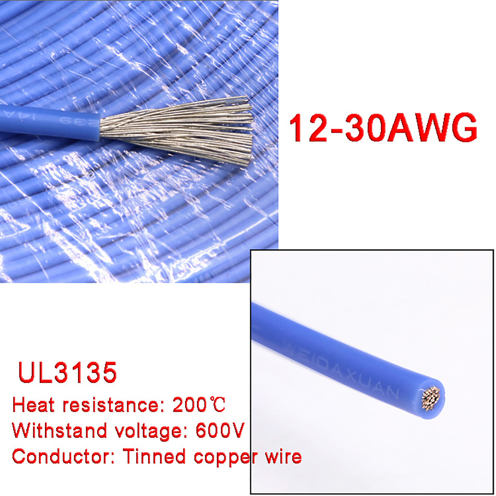 Blue 12-30AWG Flexible Silicone Wire Cable, HIGH TMPE 200℃, Tinned Copper Wire